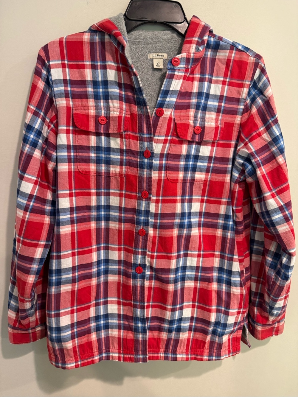 L.L.Bean Red & Blue Plaid Hooded Flannel Shirt